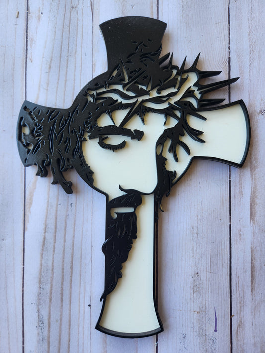 Cross - Curved Design - Jesus' Face - Crown of Thorns